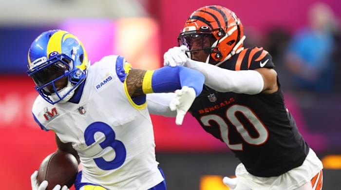 Los Angeles Rams wide receiver Odell Beckham Jr. (3) runs the ball against Cincinnati Bengals cornerback Eli Apple (20) during the second quarter in Super Bowl LVI.